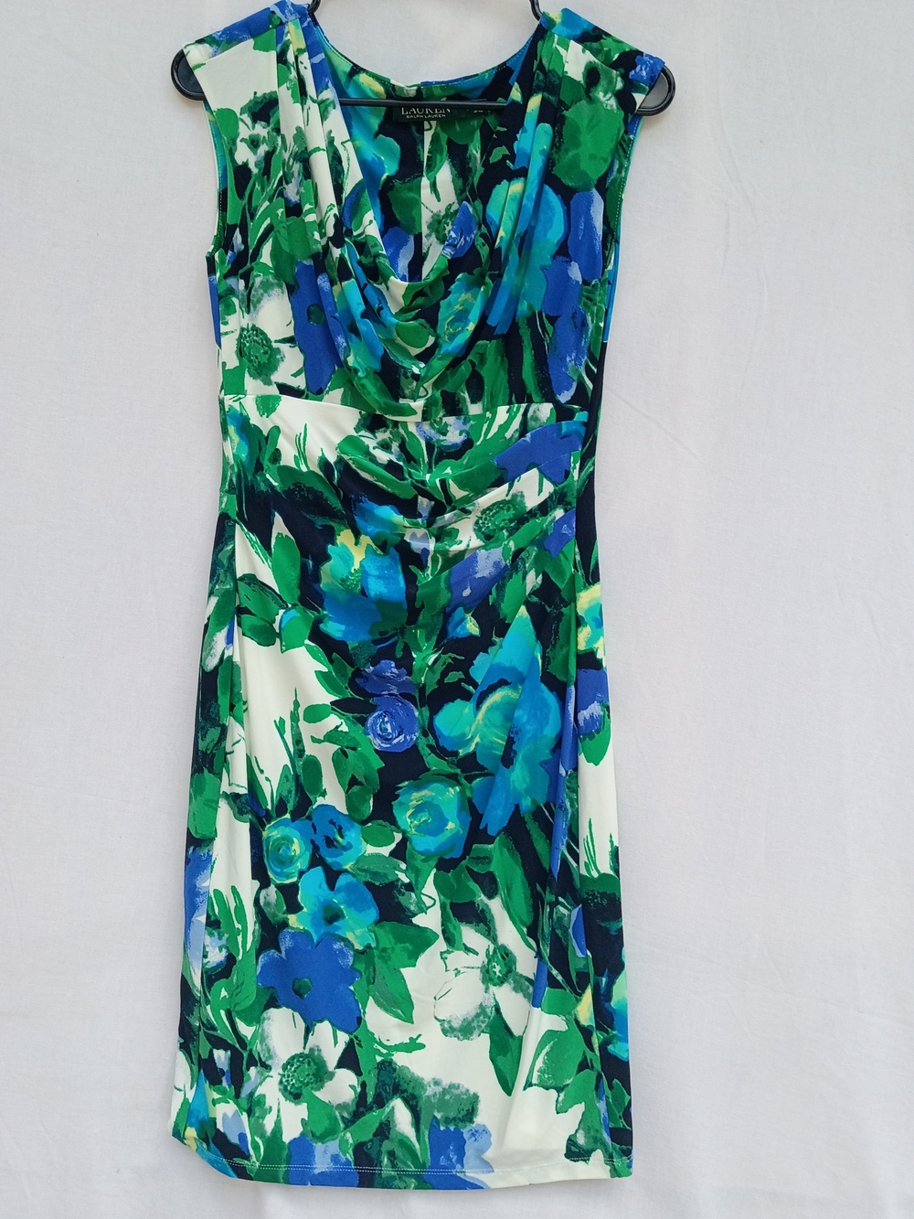 Lauren Ralph Lauren Blue and Green Floral Cowl-Neck Midi Dress